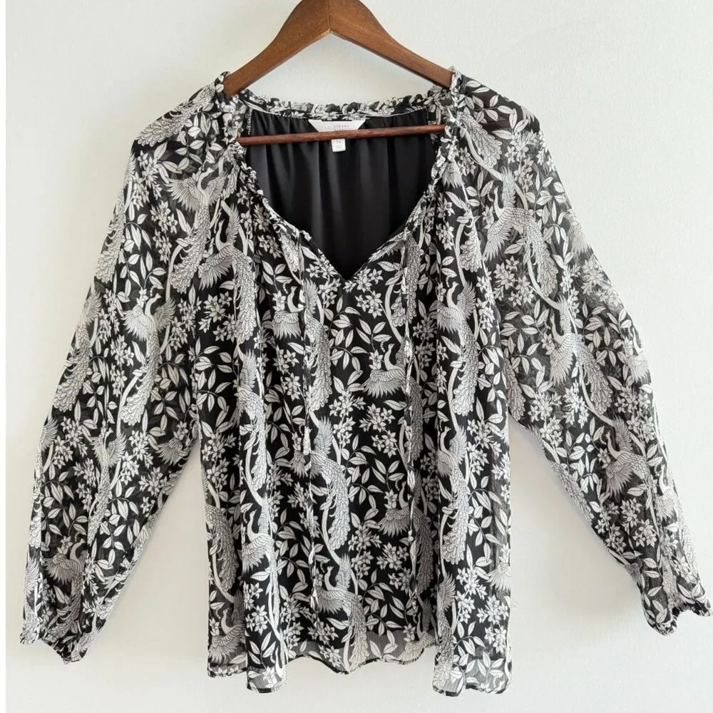 LC Lauren Conrad Black White Bird Print Sheer Peasant Blouse Size M - Picture 2 of 10